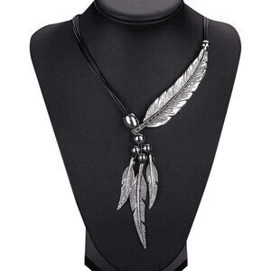 Boho Silver Feather Pendant Necklace Vintage Statement Jewelry for Women